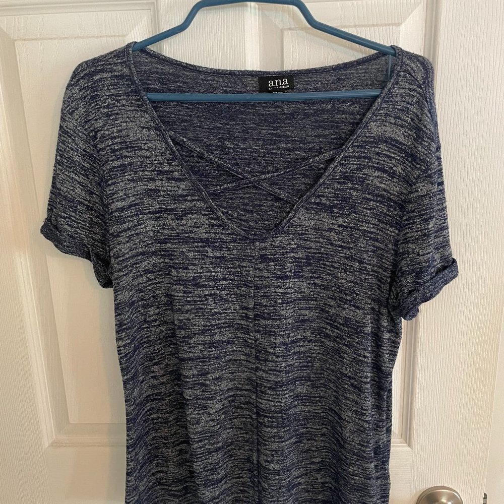 Navy Short Sleeve Shirt, Deep V with Criss-Cross (L) A.N.A